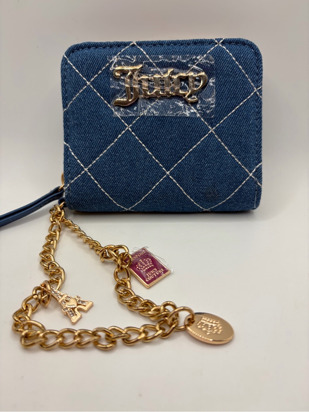 Juicy Couture Dark Blue Quilted Denim Wallet with Gold Charm Chain